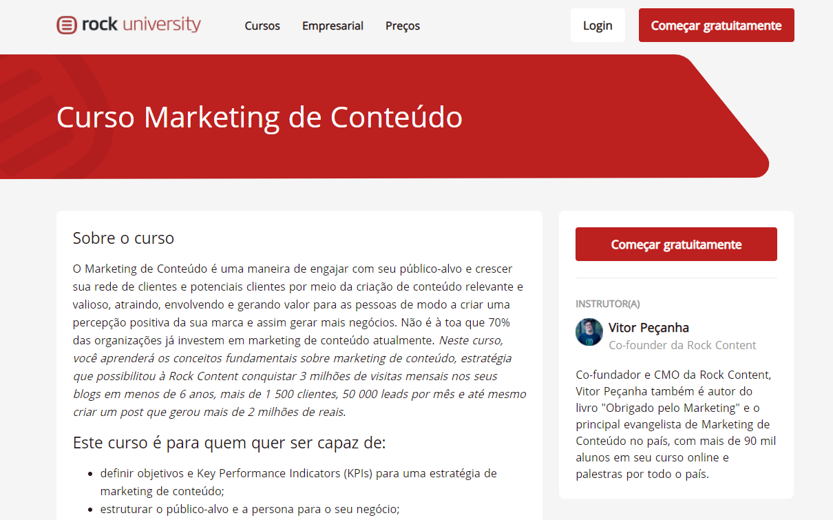 Curso online para empreendedores: Curso de marketing de conteúdo, da Rock Content